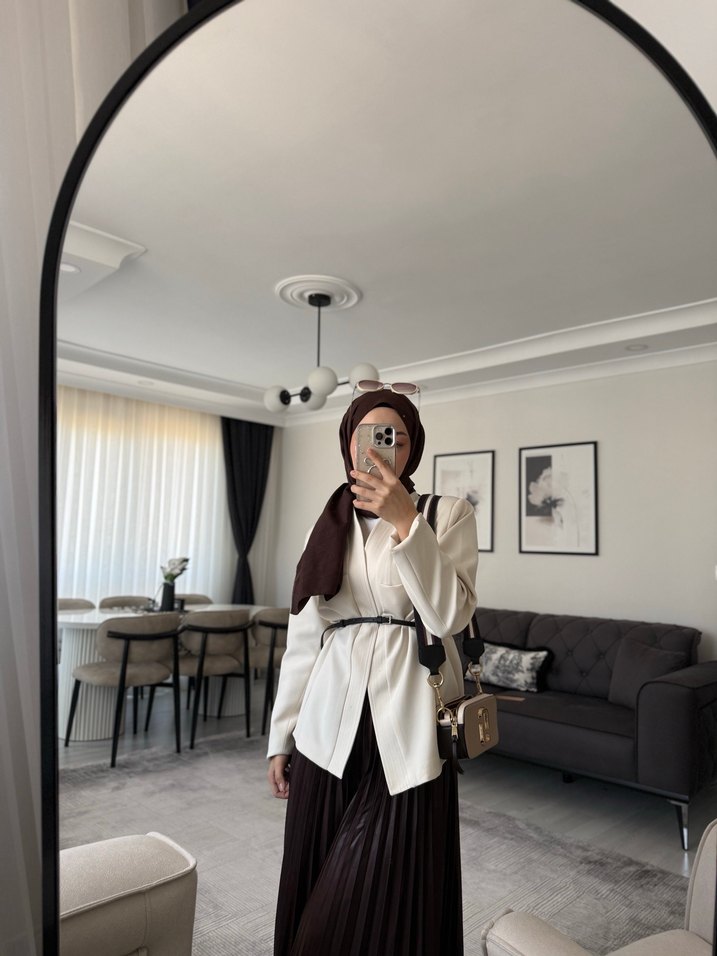 Bej Notch Yaka Uzun Kadın Ofis Ceketi kemer dahil - Görsel 3