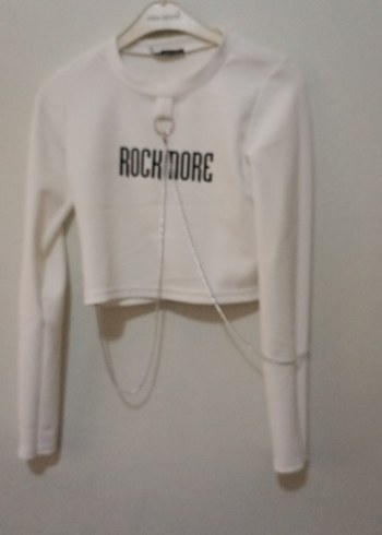 Beyaz Zincir Detaylı Rock Punk Crop Sweatshirt