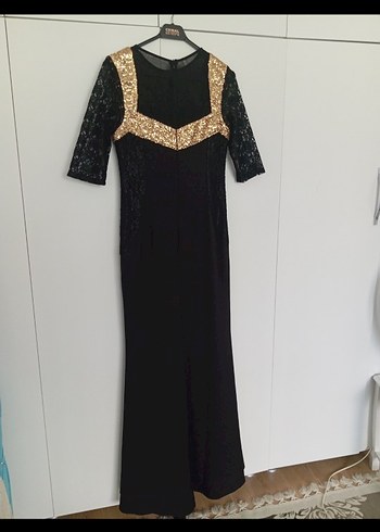 Altın Detaylı Siyah Uzun Abiye Elbise - Görsel 3