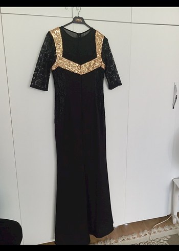 Altın Detaylı Siyah Uzun Abiye Elbise - Görsel 2
