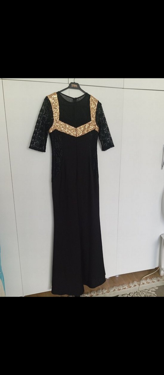 Altın Detaylı Siyah Uzun Abiye Elbise - Görsel 3