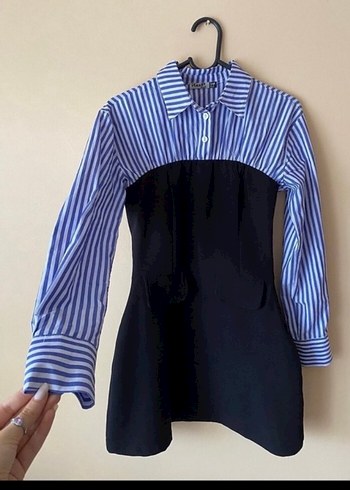 Çizgili V Yaka Uzun Kollu Mini Elbise - Görsel 3