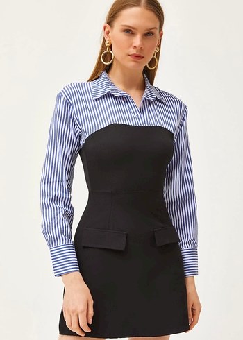 Çizgili V Yaka Uzun Kollu Mini Elbise - Görsel 2