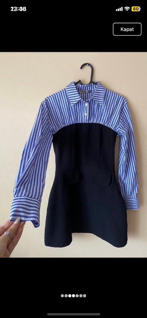 Çizgili V Yaka Uzun Kollu Mini Elbise - Görsel 3