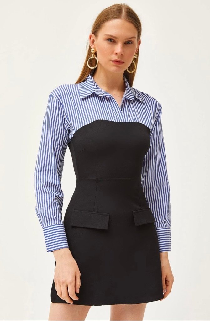 Çizgili V Yaka Uzun Kollu Mini Elbise - Görsel 2