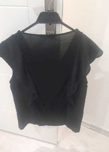 Mango Siyah V Yaka Kısa Kollu Keten Bluz - Görsel 3