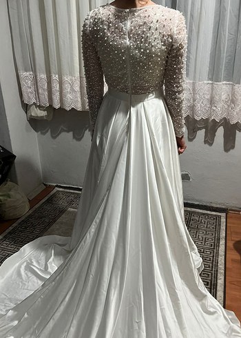 Uzun Kollu Beyaz A-Line Gelinlik - Görsel 2