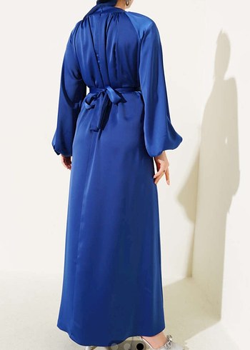 Mavi Saten Uzun Kollu Drapeli Elbise - Görsel 2