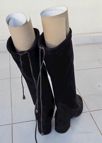 Siyah Süet Dizüstü Blok Topuklu Botlar - Görsel 3