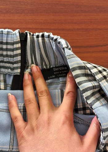 Bershka Tokalı Mavi Ekose Mini Etek - Görsel 4