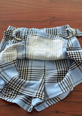 Bershka Tokalı Mavi Ekose Mini Etek - Görsel 2