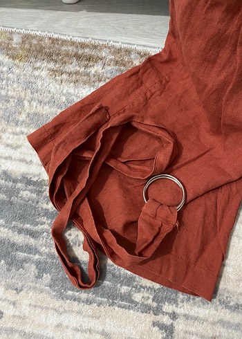 Düğmeli Kahverengi Keten Midi Tulum - Görsel 3