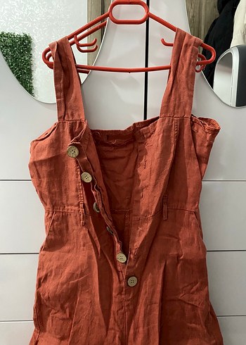 Düğmeli Kahverengi Keten Midi Tulum - Görsel 2