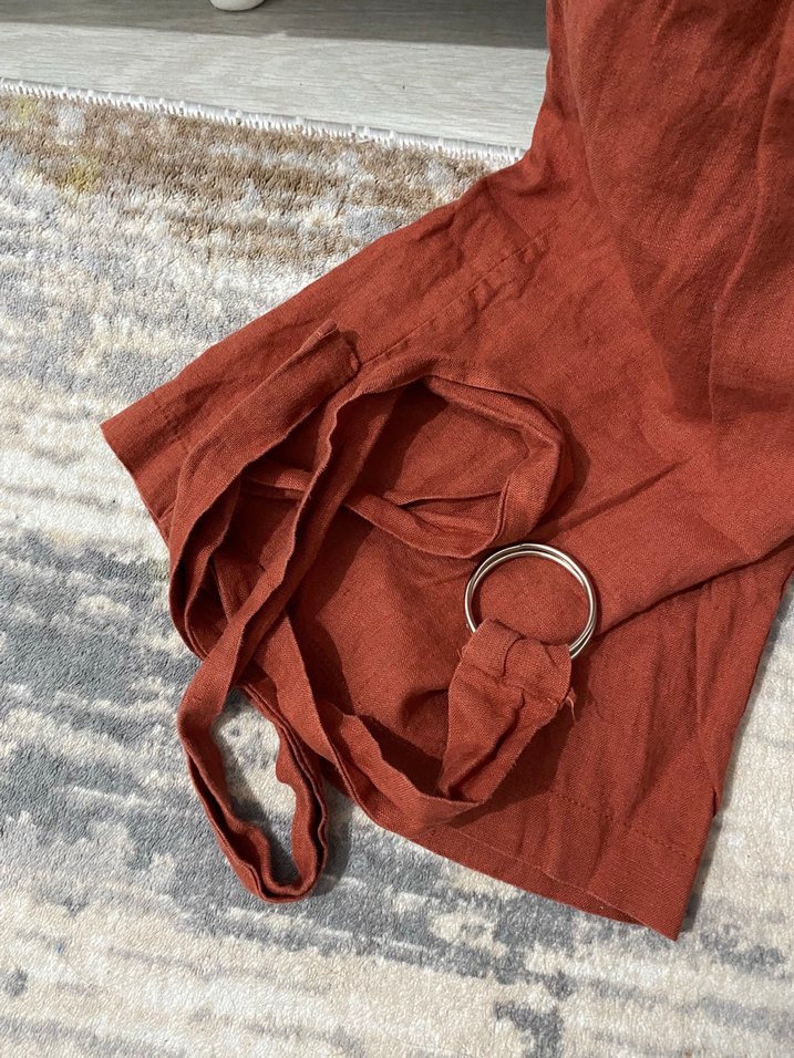 Düğmeli Kahverengi Keten Midi Tulum - Görsel 3