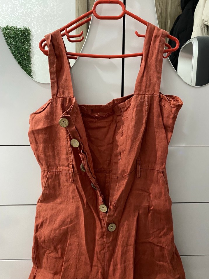 Düğmeli Kahverengi Keten Midi Tulum - Görsel 2