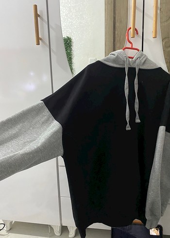 Gri Siyah Kapüşonlu Salaş Sweatshirt - Görsel 2