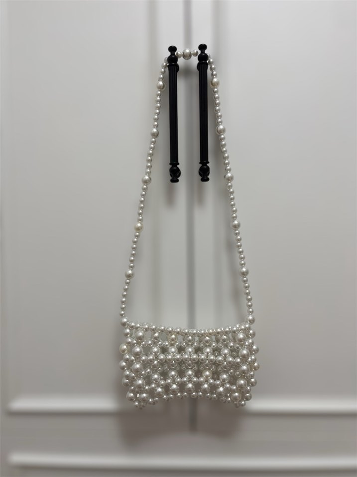 İnci Boncuklu Beyaz Kadın Çanta - Görsel 4