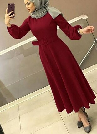 Bordo beli kemerli elbise