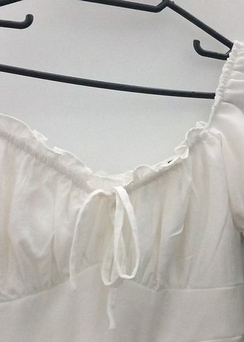 Beyaz Keten Midi Elbise Fırfırlı Detaylı - Görsel 2