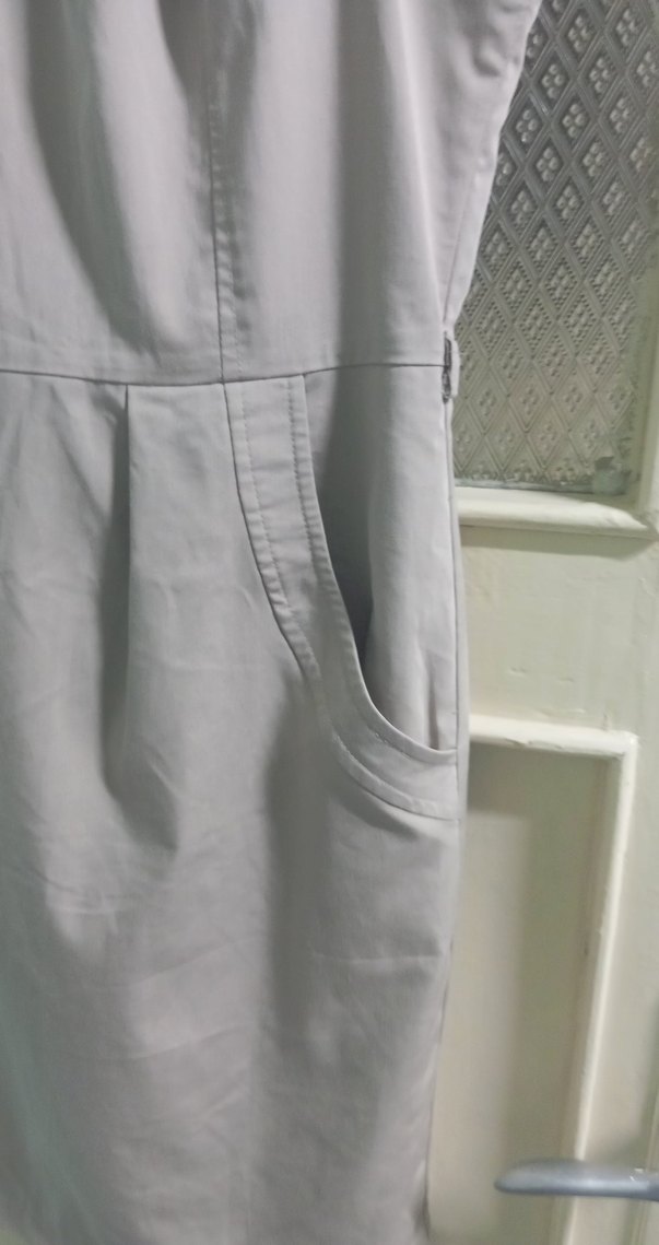 Gri Kolsuz Midi Keten Elbise - Görsel 2