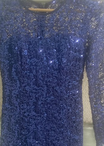 Uzun Kollu Drapeli Lacivert Abiye Elbise - Görsel 2