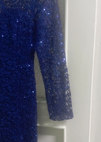 Uzun Kollu Drapeli Lacivert Abiye Elbise - Görsel 3