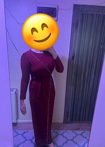 Bordo Uzun Kollu Drapeli Abiye Elbise - Görsel 4