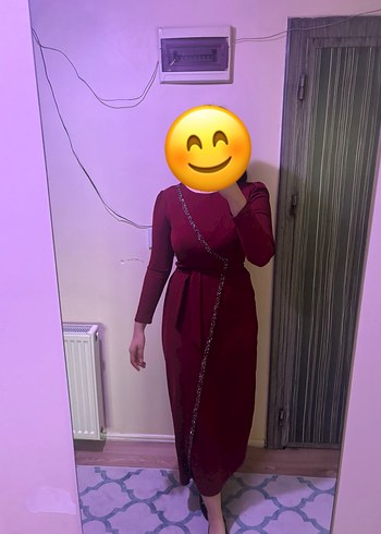 Bordo Uzun Kollu Drapeli Abiye Elbise - Görsel 2