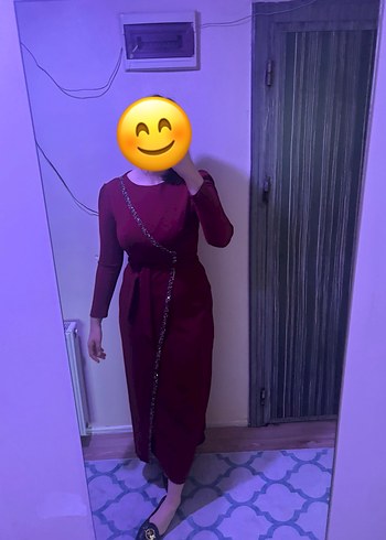 Bordo Uzun Kollu Drapeli Abiye Elbise - Görsel 3