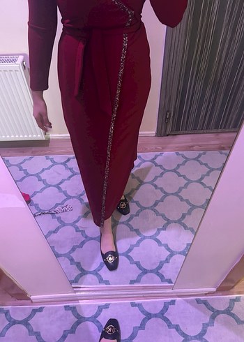 Bordo Uzun Kollu Drapeli Abiye Elbise - Görsel 6