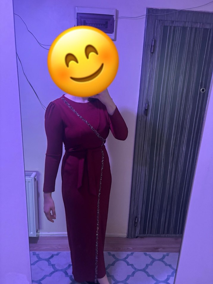 Bordo Uzun Kollu Drapeli Abiye Elbise - Görsel 4