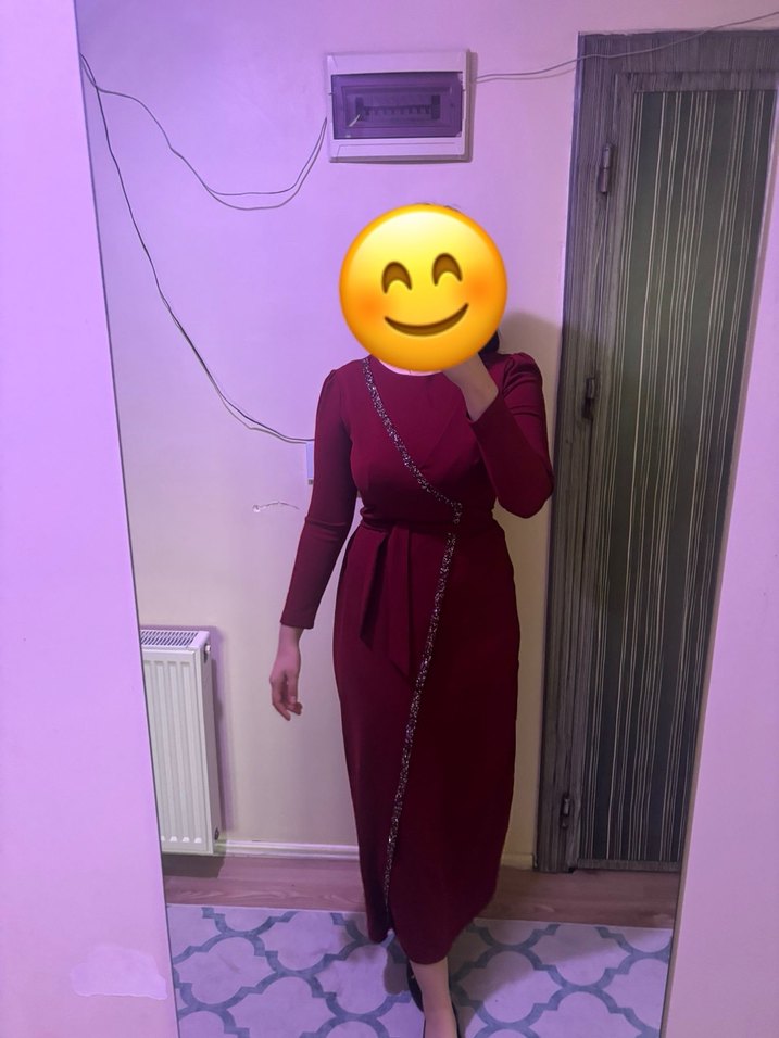 Bordo Uzun Kollu Drapeli Abiye Elbise - Görsel 2