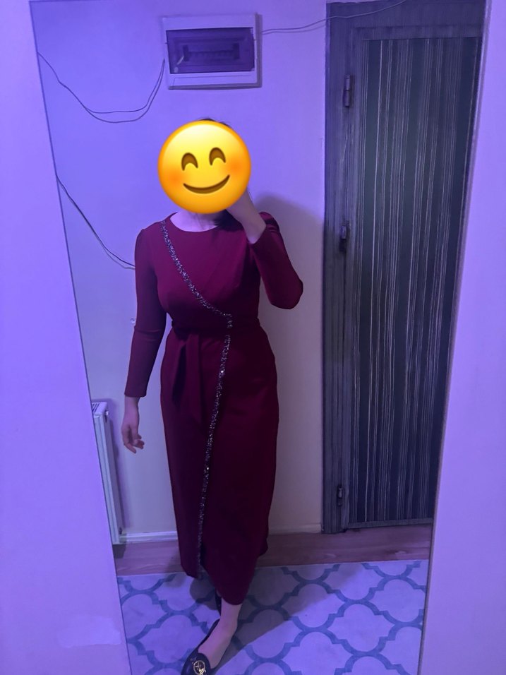 Bordo Uzun Kollu Drapeli Abiye Elbise - Görsel 3