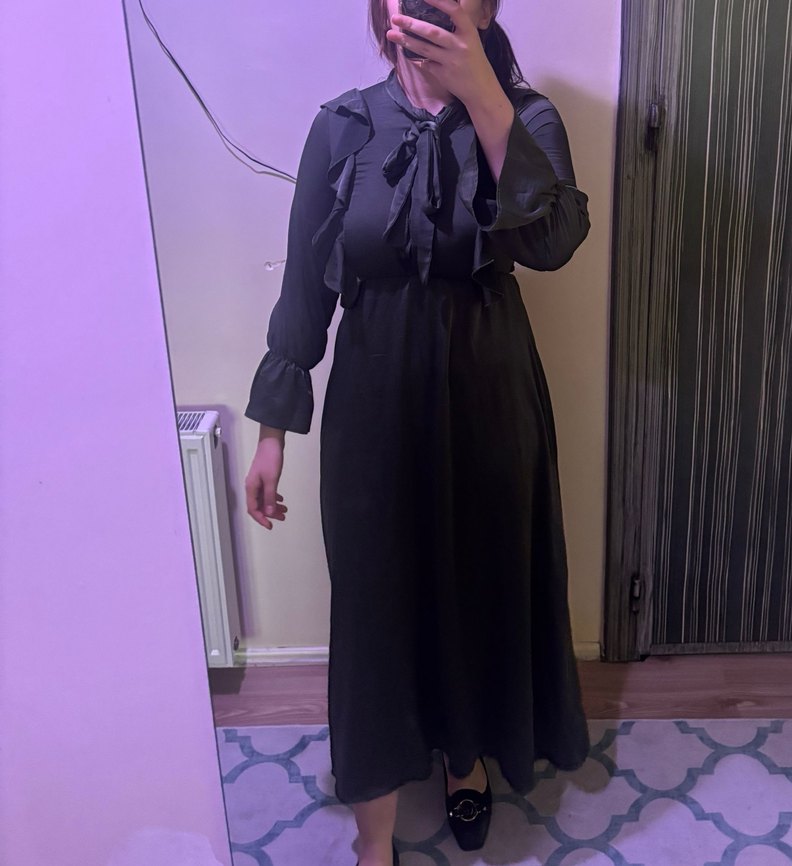 Asker yeşili Uzun Kollu Fırfırlı Gotik Elbise - Görsel 2