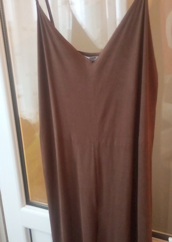 Kahverengi Uzun V Yaka Askılı tulum - Görsel 4