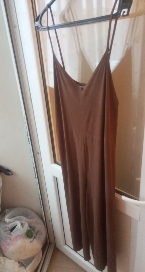 Kahverengi Uzun V Yaka Askılı tulum - Görsel 5