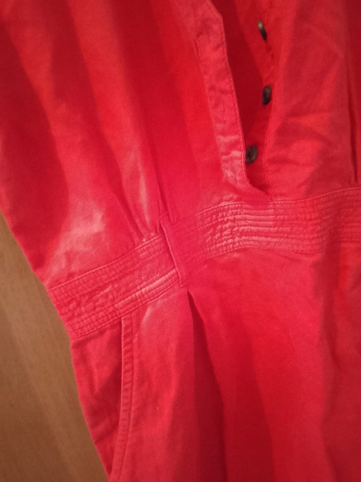 Kırmızı Kısa Kollu Keten Midi Elbise - Görsel 3