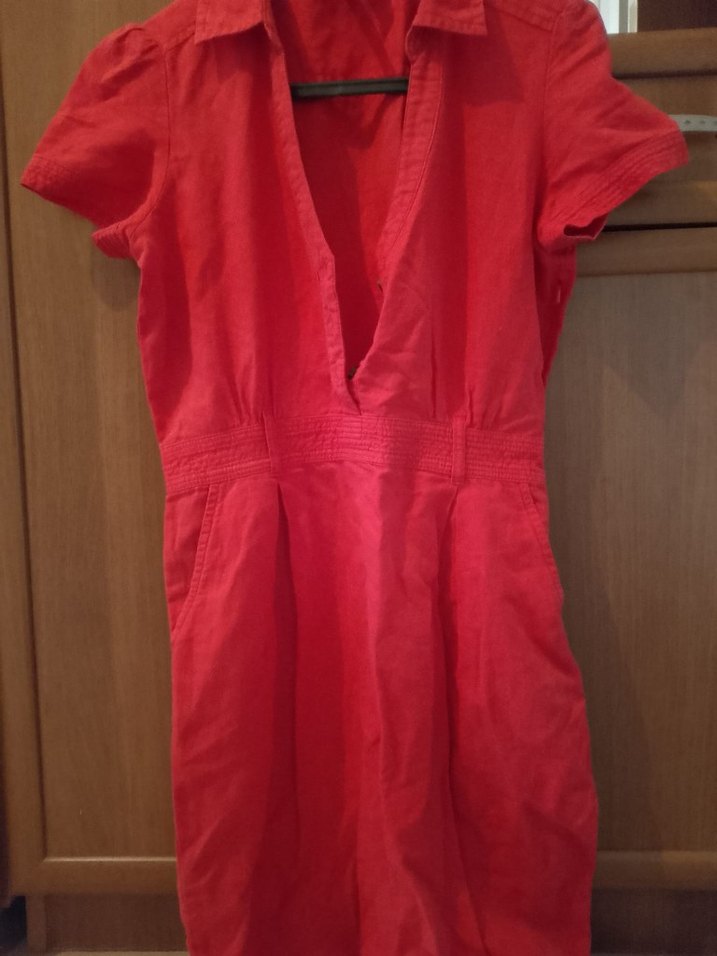 Kırmızı Kısa Kollu Keten Midi Elbise - Görsel 2