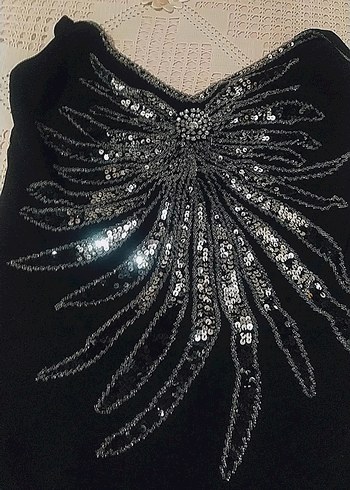 Siyah İşlemeli Boncuklu Uzun Abiye Elbise - Görsel 8