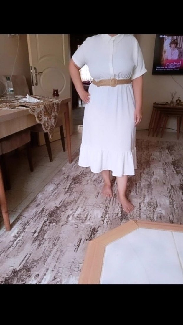 Beyaz  Kemerli Uzun Bohem Elbise - Görsel 2