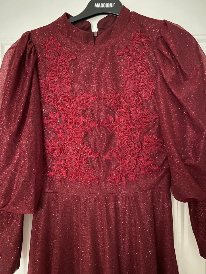 Bordo Nakışlı Vintage Uzun Kollu Elbise - Görsel 2