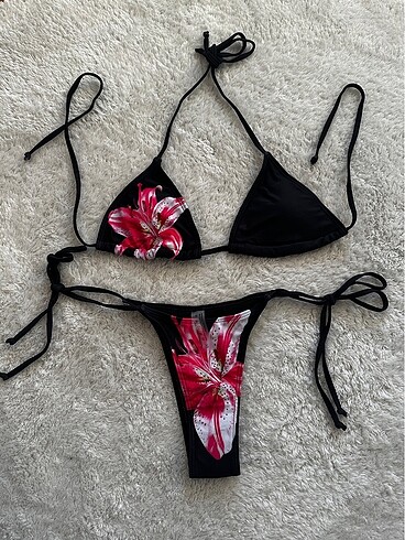 xs Beden siyah Renk Çiçekli Siyah Bikini