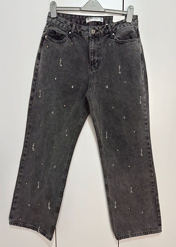 Gri Payetli Nakışlı Kadın Denim Pantolon