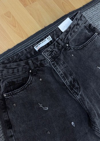 32 Beden gri Renk Gri Payetli Nakışlı Kadın Denim Pantolon