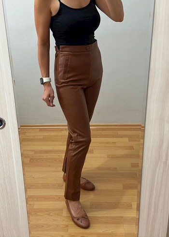 Zara Kahverengi Deri Kadın Pantolon