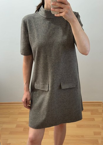 Zara Bej Yün Midi Elbise, Kısa Kollu, Yüksek Yaka