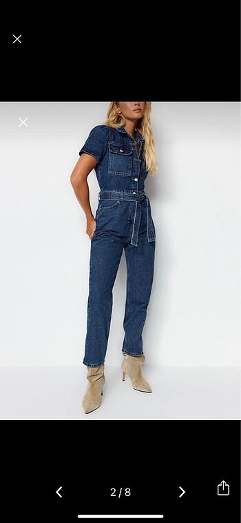 Kemerli denim tulum
