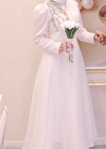 38 Beden Drapeli Uzun Kollu Beyaz Nikah Elbisesi