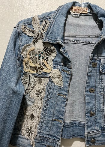 Dantel Detaylı Nakışlı Kadın Kot Ceket - Görsel 2