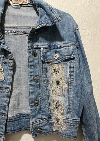 Dantel Detaylı Nakışlı Kadın Kot Ceket - Görsel 3